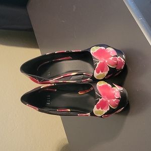 Black and pink floral Elle wedge heels